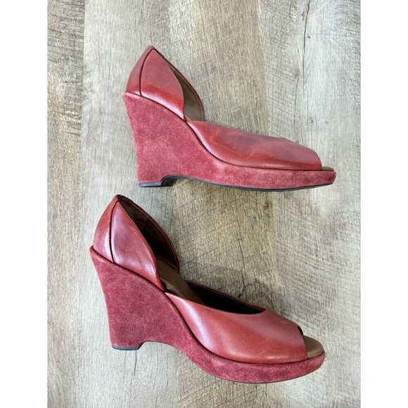 Kork Ease Liliana Heels Shoes Womens 7.5 Red Wedge Slip On Peep Toe Leather - Picture 5 of 13
